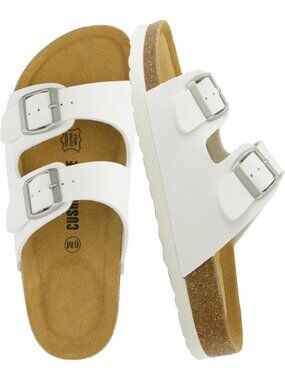 Women's White Footbed Sandals Comfort Double Buckle Two Strap Slide Flats Shoes